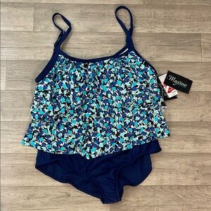 Maxine of Hollywood Tiered ruffle blue white one piece swim suit NWT 24W plus